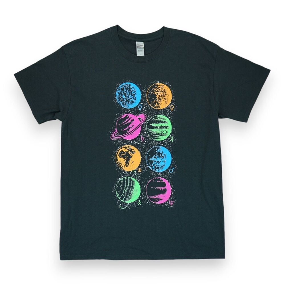 Multicolor Graphic Planet Print T Shirt Gildan Heavy Cotton L Black Short Sleeve